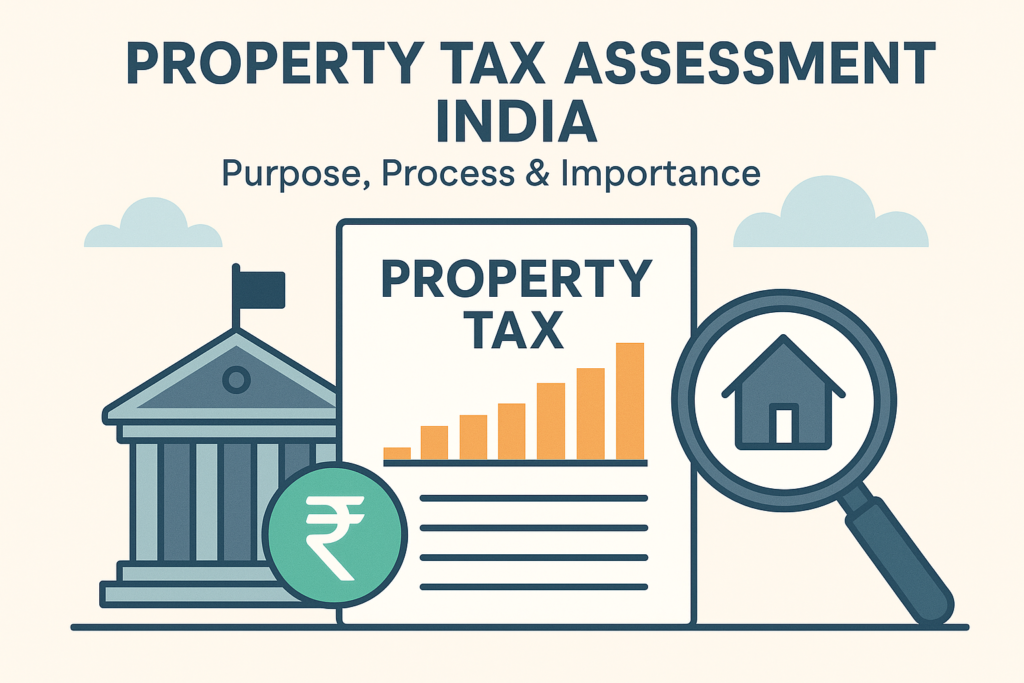 Infographic showing Property Tax Assessment in India with government building, rupee symbol, tax document, and magnifying glass on house icon representing valuation process.